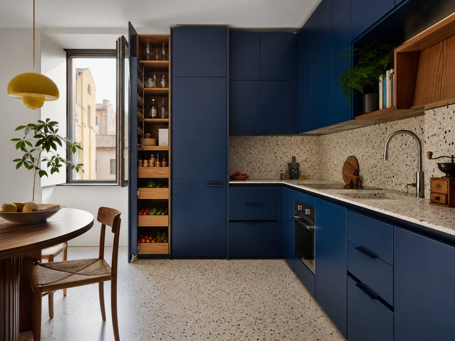 Cucina compatta con mobili blu su misura